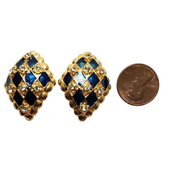 Blue Harlequin Clip On Earrings Rhinestone Enamel Gold Tone Diamond Shape 1980s - Picture 2 of 6